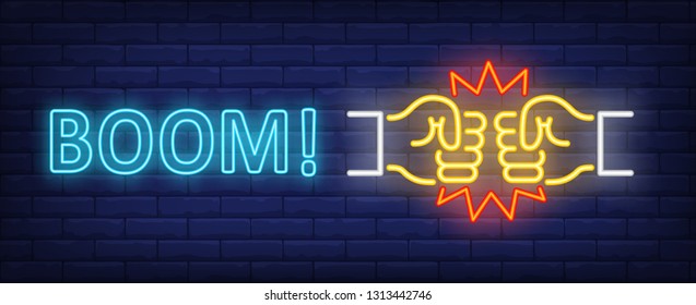 Boom neon sign. Two fists bumping, greeting gesture on brick wall background. Vector illustration in neon style for banners, signs, billboards