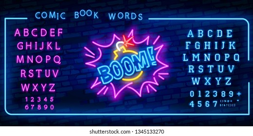 BOOM neon sign vector. BOOM pop art Design template neon sign, light banner, neon signboard, nightly bright advertising, light inscription. Vector illustration