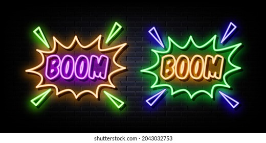 Boom Neon Signs Vector. Design Template Neon Style