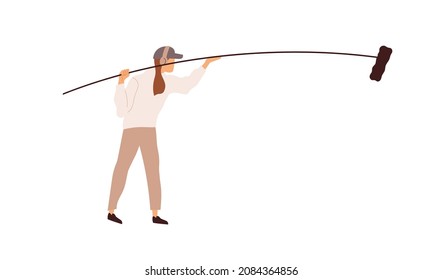 Boom operator holding long pole with microphone. Sound assistant with mic on handle at movie production. Professional audio recordist at work. Flat vector illustration isolated on white background