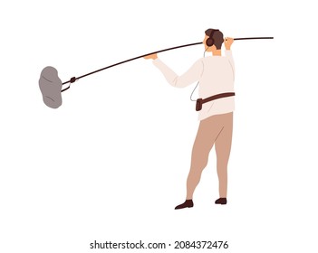 Boom Operator With Microphone On Pole. Movie Recordist Holding Fluffy Mic, Recording Audio. Sound Assistant With Professional Equipment At Work. Flat Vector Illustration Isolated On White Background