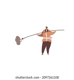 Boom Operator With Microphone On Pole. Movie Recordist Holding Fluffy Mic, Recording Audio. Sound Assistant With Professional Equipment At Work. Flat Vector Illustration.