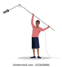 Boom operator semi flat RGB color vector illustration. Mass media occupation. Male holding microphone on set isolated cartoon character on white background