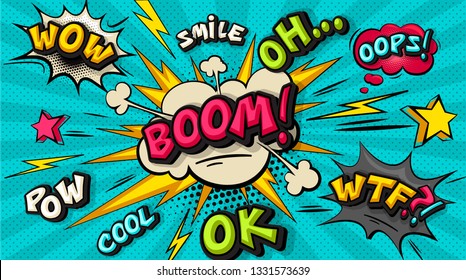 Boom Pop Art Cloud Bubble. Smile, Wow, Pow, Cool, Ok, Oops, Wtf Funny Speech Bubble. Trendy Colorful Retro Vintage Background In Pop Art Retro Comic Style. Illustration Easy Editable For Your Design.