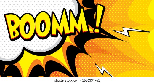 Boom pop art cloud bubble. Funny speech bubble. Trendy Colorful retro vintage background in pop art retro comic style. Illustration easy editable 