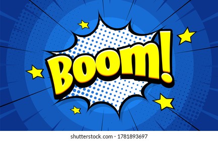 Boom Pop art comic background with speech bubble and star. Cartoon Vector Illustration on blue