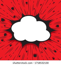 Boom Pop Art Explosion Sprechblase. Mock up for Comic Book and Manga. Textbanner, Poster. Strahlen und Halbtonpunkte mit Geschwindigkeiten. Vektorhelle, dynamische Cartoon-Illustration. Vorlage für Ihr Design