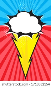 Boom pop art explosion speech bubble with striking lightning. Mockup for comic book and manga. Text banner, poster. Vector bright dynamic cartoon illustration. Template for your design