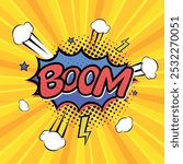 boom pop art style speech bubble comic background with clouds and stars, cartoon vector illustration speech balloon