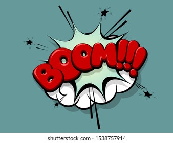 Boom red comic text speech bubble pop art. Cartoon halftone vector background. Retro comic book font explosion. Boom! Comic speech bubble retro halftone design.