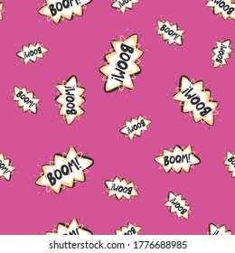 Boom. Retro pattern for print design. Cartoon vector illustration. Romantic seamless texture design. Hand drawn calligraphy lettering vector illustration.