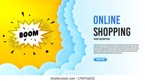 Boom sale badge. Clouds banner template. Discount banner shape. Coupon bubble icon. Online shopping banner with clouds. Boom sale promotion badge. Promotional flyer design. Vector