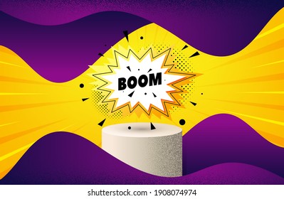 Boom sale sticker. Background with podium platform. Discount banner shape. Coupon bubble icon. Dotted offer podium banner. Dotwork platform background. Boom sale badge. Vector