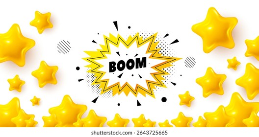 Banner do vencedor da Boom Sale com estrelas 3d. Banner das estrelas douradas. Adesivo de venda de boom. Forma de faixa de desconto. Ícone de bolha do cupom. Revisar plano de fundo da taxa. Vetor