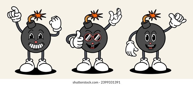 Boom set mascot of 70s groovy. Collection of cartoon,retro, groovy characters. Vector illustration.