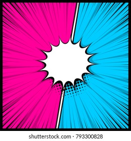 Boom Silhouette Explosion. Speech Bubble Box Balloon. Comics Book Empty Colored Template Background. Pop Art Colorful Backdrop Mock Up. Vector Illustration Halftone Dot Chat Mockup Versus Comic Text. 