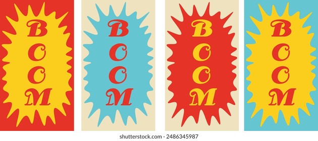 Boom slogan. Hippie style wallpaper for phone, background set. Vintage retro wrap text design vector, banner, Retro concept, Comic concept, Summer vibes, 1960s style	