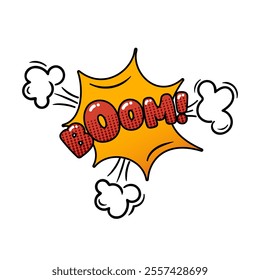 Boom speech balloon. Retro comic book style with halftone shadows. Vector illustration, vintage design, pop art style. capturing a lively and expressive aesthetic.