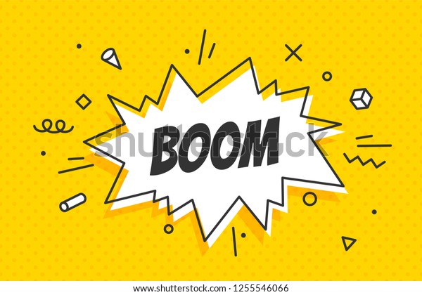 Boom, speech bubble. Banner, speech bubble,\
poster and sticker concept, memphis geometric style with text Boom.\
Message speech bubble boom with cloud talk for banner, poster, web.\
Vector Illustration