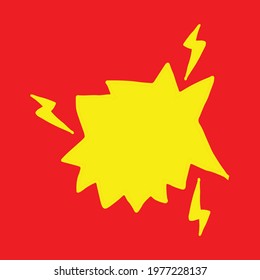 boom speech bubble on red background. yellow speech bubble with thunderbolt. blank space for text, hand drawn vector. comic book scene. doodle art for logo, label, cover, poster, banner, flyer, advert