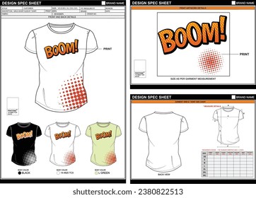 BOOM BOOM STREETWEAR VECTOR DIGITAL DTG DTF HEAT TRANSFER STICKER SUBLIMATION PRINT WOMEN GIRL SHORT SLEEVE T SHIRT TECHPACK MEASUREMENT LAYOUT TEMPLATE DESIGN