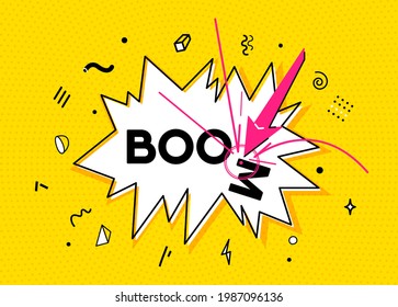 Boom vector background. Surprise burst with font text sign, arrow in target isolated on yellow halftone texture backdrop. Bomb, bang effect in simple line flat cartoon style.