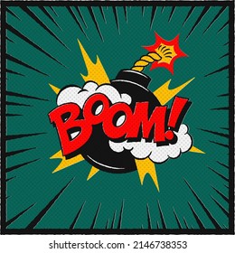 BOOM vector illustration. Bubble bomb in pop art style. Comic vector illustration of a bright and dynamic comic book image of dynamite in retro style on a green background.