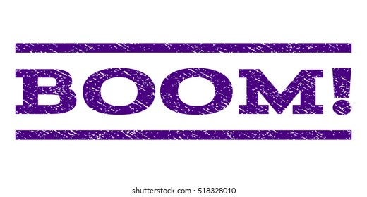 Boom! watermark stamp. Text caption between horizontal parallel lines with grunge design style. Rubber seal stamp with scratched texture. Vector indigo blue color ink imprint on a white background.