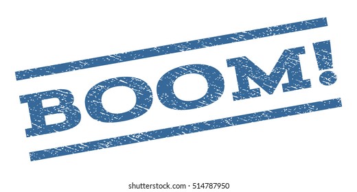 Boom! watermark stamp. Text tag between parallel lines with grunge design style. Rubber seal stamp with unclean texture. Vector cobalt blue color ink imprint on a white background.