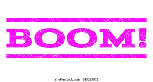 Boom! watermark stamp. Text tag between horizontal parallel lines with grunge design style. Rubber seal stamp with dust texture. Vector magenta color ink imprint on a white background.