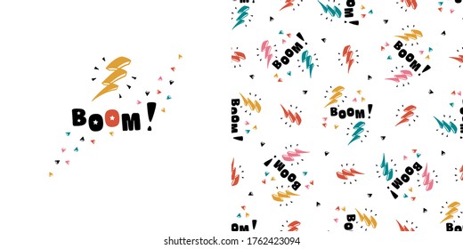 Boom Word and Lightning Bolt Signs with Triangles. T-shirt Print Design and Seamless Pattern for Kids Fashion. Geometric Vector Background with Doodle Thunderbolt. Poster and Wallpaper for Children