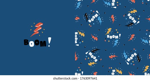 Boom Word and Lightning Bolts with Triangles. T-shirt Print Design and Seamless Pattern for Kids Fashion. Geometric Vector Blue Background with Doodle Thunderbolt. Poster and Wallpaper for Children