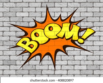 Boom word written on the wall of white brick. Retro comics. Vector illustration