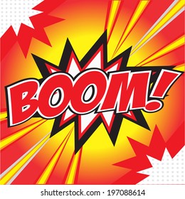 BOOM! wording in comic speech bubble in pop art style on burst background 