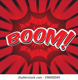 BOOM! wording in comic speech bubble in pop art style on burst background
