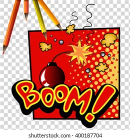 BOOM! wording sound effect set design for comic background, comic strip. Vector elements.
