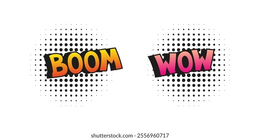 Boom and Wow comic style. Pop art sound effects.