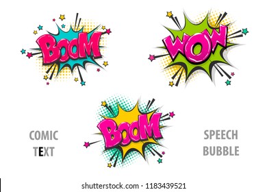 boom, wow pop art style set hand drawn sound effects template comics book text speech bubble. Halftone dot background.