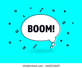 Boom wow speech bubble banner, geometric memphis style concept, with text Boom. Comic text poster and sticker with quote message Boom. Explosion speech bubble burst design. Vector Illustration
