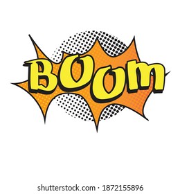 'Boom' written cartoon style vector text art illustration. Comic art with polka dots design.