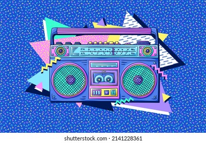 Afiche de Boombox 90. Reproductor de cassette. Grabador de casete retro. Jugador de música. vector de estilo de los años 90. Ilustración de moda de los años 90. Nostalgia de los años 90.