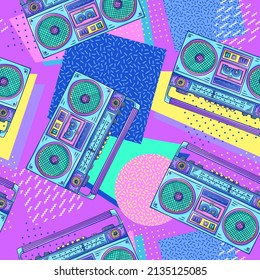 Boombox 90s style pattern. Cassette player. Retro cassette recorder. Music player. 1990s trendy illustration. Nostalgia for the 90s.