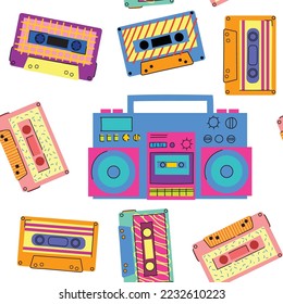 Patrón de estilo Boombox 90. Reproductor de cassette. Grabador de casete retro. Jugador de música. Ilustración de moda de los años 90.