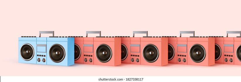 Boombox, audio and music. Pink and blue Modern stylish music receiver. Retro old Realistic 3d object. Party banner, poster, header for website. vector illustration