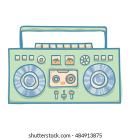 Boombox with cassette. Portable cassette player, hand drawn vector retro boombox illustration, isolated on white. Suitable for banner, ad, t-shirt design. Vintage boom box vector design element