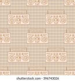 Boombox With Cassette. Seamless Pattern. Suitable For Banner, Ad, T-shirt Design. Vintage Boom Box Vector Design Element