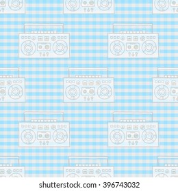 Boombox With Cassette. Seamless Pattern. Suitable For Banner, Ad, T-shirt Design. Vintage Boom Box Vector Design Element