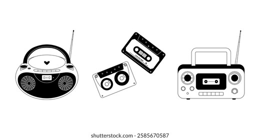 Boombox with cassette tapes. Radio player with tape recorders, retro portable analog stereo equipment with mixtapes, vintage hipster music technology devices. Vector flat set.