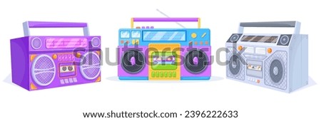 Boombox. Colorful stereo recorder for listening radio music on tape cassette, retro portable player hip hop culture eighties in ghetto, boom box party 90s vector illustration of stereo audio sound
