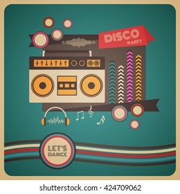 boombox disco party, retro and vintage poster